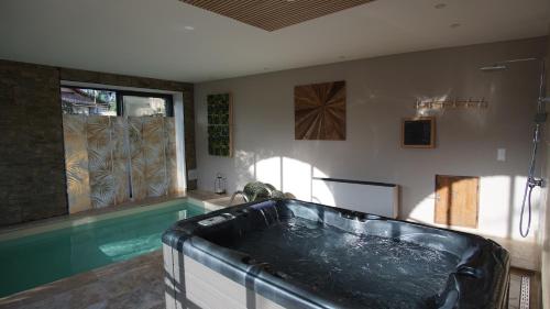 a bathroom with a tub and a swimming pool at Le Mas Fraissinet in Saint-Jean-de-Valériscle