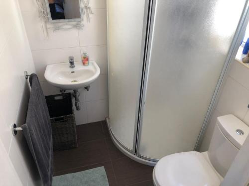 uma casa de banho com um chuveiro, um WC e um lavatório. em Penthouse in Kappara em San Ġwann