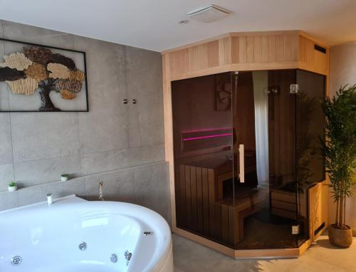 a bathroom with a bath tub and a shower at Wellness Apartments in Varaždin