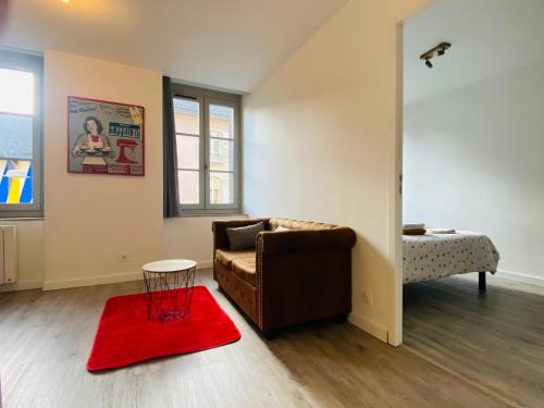 a living room with a couch and a red rug at Le Beteille in Rodez