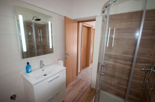 a bathroom with a sink and a shower with a mirror at Apartman Oliver in Novigrad Istria