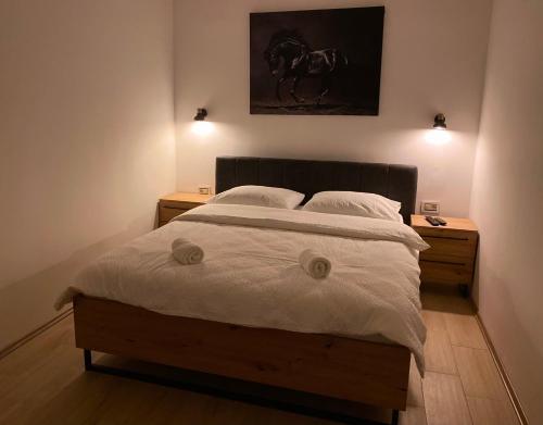 um quarto com uma cama grande e 2 mesas de cabeceira em OM Apartment em Podgorica