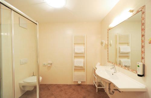 a bathroom with a sink and a toilet and a mirror at Landhotel Latscherhof in Laces