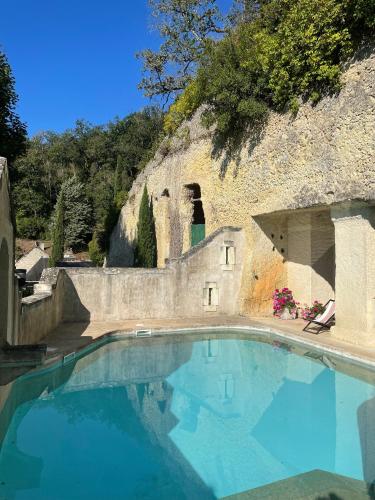 une grande piscine en face d'un mur en pierre dans l'établissement Château de Nazelles Amboise, à Nazelles-Négron