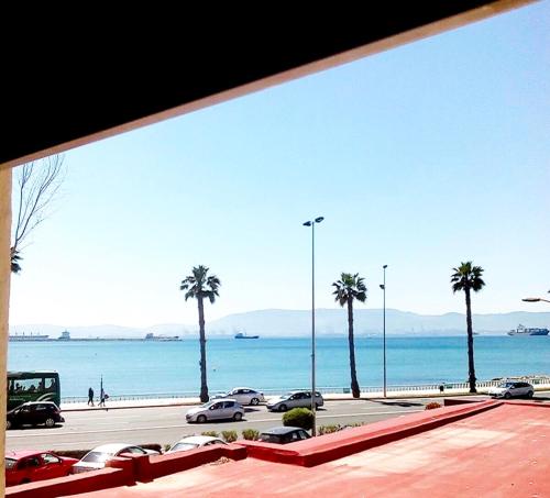 een uitzicht op een parkeerplaats met palmbomen en de oceaan bij PRACTICO Apartamento a 5 min andando de GIBRALTAR y el centro, FRENTE AL MAR in La Línea de la Concepción