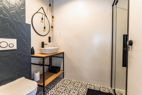 La salle de bains est pourvue d'un lavabo et d'une douche. dans l'établissement Cinema Apartment, à Zakopane
