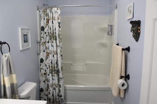 a bathroom with a shower curtain and a toilet at Seabank House Bed and Breakfast Hummingbird in Pictou