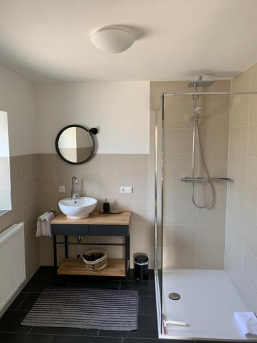 a bathroom with a sink and a shower at Ferienwohnung I Beck-Bräu nahe Bamberg in Lisberg