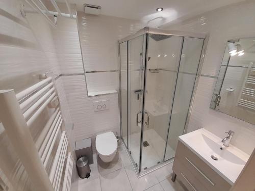 une salle de bain avec une douche, des toilettes et un lavabo dans l'établissement Appartement Village Naturiste Mojito, au Cap d'Agde