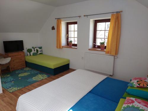 sypialnia z 2 łóżkami, telewizorem i oknami w obiekcie Penzion U Kováře w mieście Kutná Hora