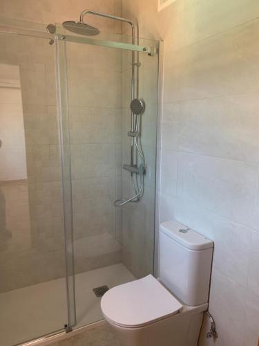 a bathroom with a shower with a toilet and a glass shower door at La Quinta - La Barrosa in Chiclana de la Frontera