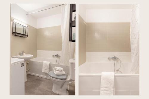 une salle de bain avec une baignoire, des toilettes et un lavabo dans l'établissement Travel Homes - Grand Rue, Petite Venise - Compact & Cosy - Lit mural, à Colmar