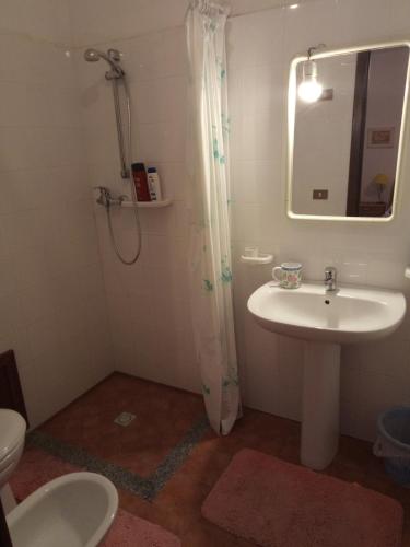 a bathroom with a sink and a shower with a mirror at L'Antica Quercia B&B in CastellʼUmberto
