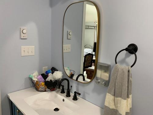 a bathroom with a sink and a mirror at Seabank House Bed and Breakfast Hummingbird in Pictou