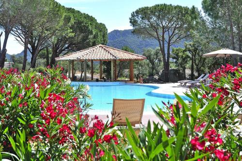 - une piscine avec une chaise et quelques fleurs dans l'établissement Apartment in Corsica near Palombaggia Beach, à Porto-Vecchio