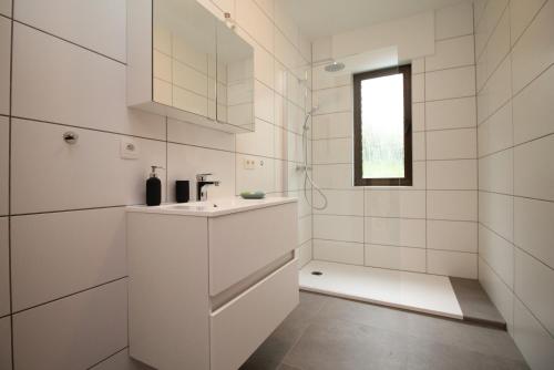 a white bathroom with a sink and a shower at Oscappart in Eupen