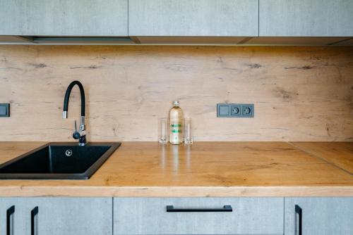a kitchen with a sink and a counter top at Klaipda Gate Apartments in Klaipėda