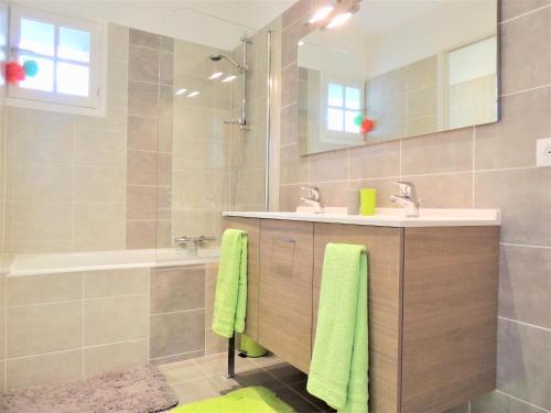 ein Badezimmer mit einem Waschbecken, einer Badewanne und einem Spiegel in der Unterkunft Le Gîte du Petit Plessis in Saint-Viaud
