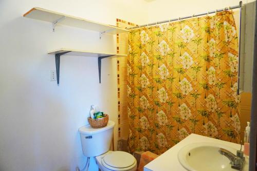 a bathroom with a toilet and a shower curtain at See Belize RELAXING Sea View Studio with Infinity Pool & Overwater Deck in Belize City