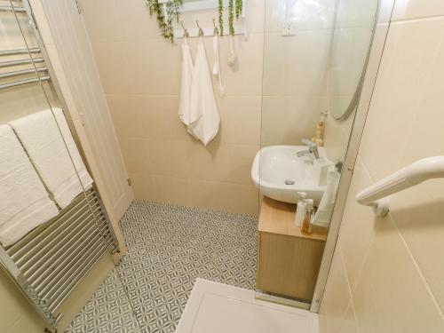 a small bathroom with a sink and a shower at The Print Shop in Barnard Castle
