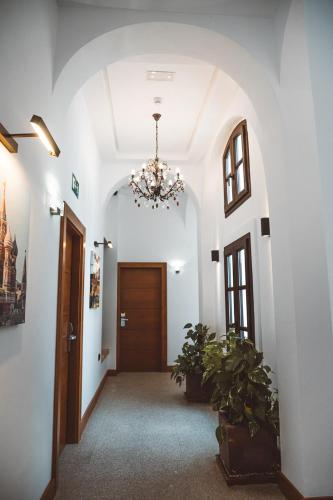 a hallway with a chandelier in a building at Ferreira Hostal Boutique in Conil de la Frontera