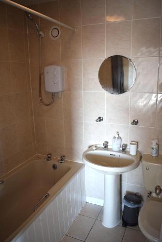 a bathroom with a sink and a tub and a mirror at Kelpies Serviced Apartments- Abbotsford in Falkirk