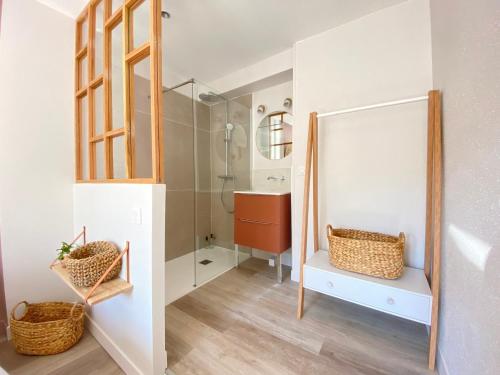 a bathroom with a shower and a sink at La Terrasse sur les Toits in Narbonne