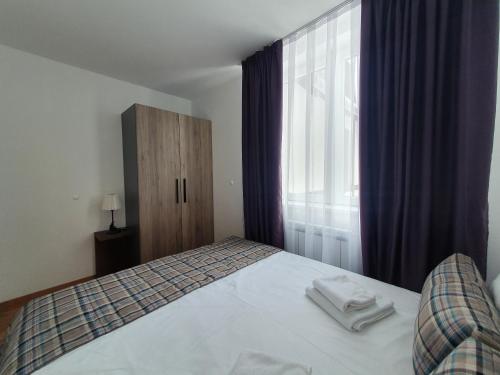 a bedroom with a bed and a large window at PLANINSKO JUTRO - Brzeće Centar Apartments, Kopaonik in Brzeće
