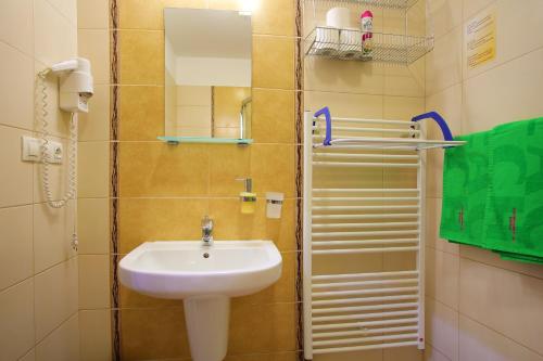 W łazience znajduje się umywalka i lustro. w obiekcie Apartmán Štúdio Lux s terasou Harmony v Thermal Parku Bešeňová s výhľadom na bazény w Beszeniowej