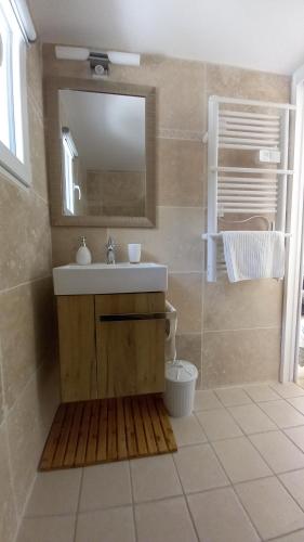 uma casa de banho com um lavatório e um espelho em Gite La clef du Sud em Salernes