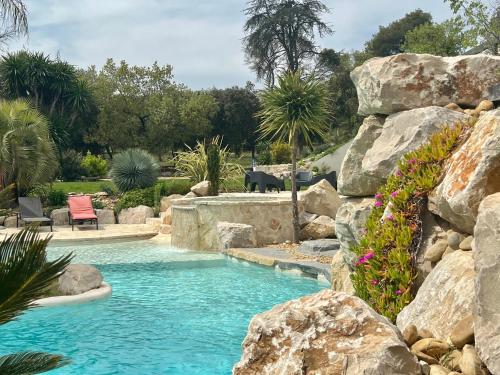 een zwembad in een tuin met een rotswand bij Villa des Cabres in Lunel