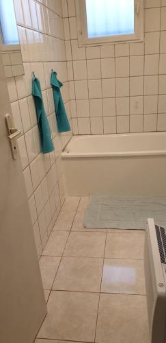 a bathroom with a tub and a shower with blue towels at Maison entre relooking et modernité dans un cadre verdoyant pour amoureux de grands espaces in Nogent-sur-Vernisson