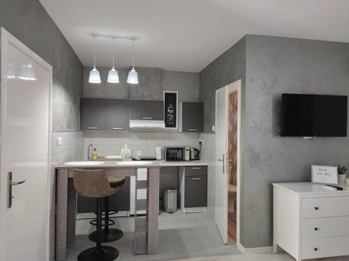 a kitchen with a table and a counter top at Flora Apartment in Surčin