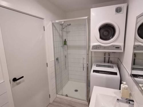 a bathroom with a shower and a washing machine at Modern, Central City, Penthouse Floor Apartment. in Auckland