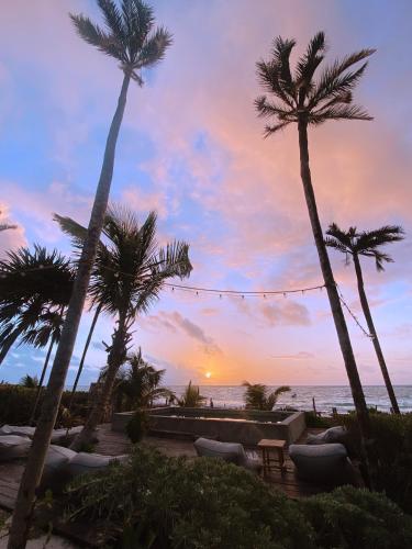 a sunset at the beach with palm trees at Playa Esperanza Tulum in Tulum