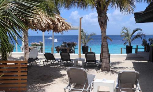 einen Strand mit Stühlen und einem Tisch und dem Meer in der Unterkunft Apartment Turtle at Windsock Beach in Kralendijk