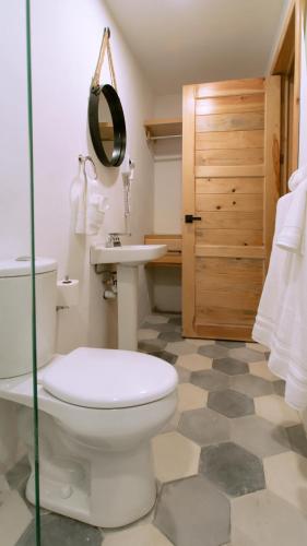 a bathroom with a toilet and a sink at Hostal de la Montaña in Mazamitla