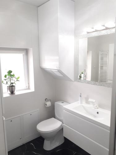 a white bathroom with a toilet and a sink at Apartament Glamour in Gniezno