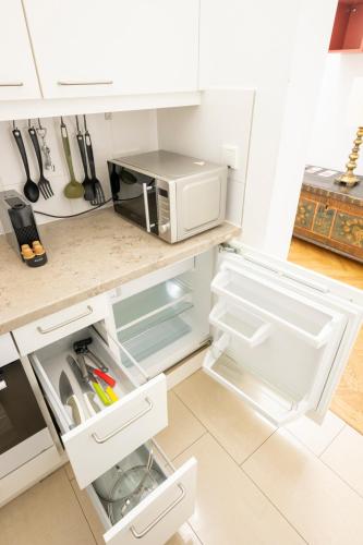 a kitchen with an open refrigerator and a microwave at Luxury Suites Liechtenstein in Vienna