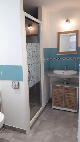 une salle de bain avec un lavabo, une douche et des toilettes dans l'établissement Étaules 10 min de la palmyre, à Étaules