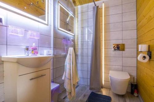 a bathroom with a sink and a toilet at LandsBy Apartments in Ostrów Warcki