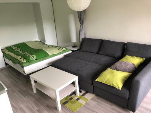 sala de estar con sofá y cama en Gemütliche Ferienwohnung in Altreichenau en Altreichenau