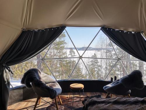two birds sitting in front of a large window at Hidden Island Laukanharju Glamping in Savonlinna