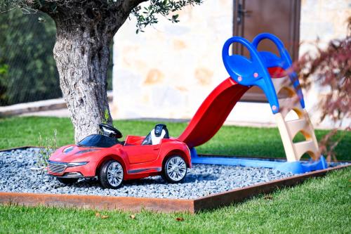 a dog riding in a toy car on a slide at Pinelia Home in Mirtófiton