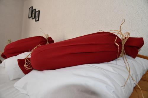 two red pillows on top of a white bed at Apartment Bobic in Ličko Petrovo Selo