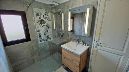 La salle de bains est pourvue d'une douche, d'un lavabo et d'un miroir. dans l'établissement Douceur du soir - Duplex 45m2 - Terrasse - Jardinet - Wifi fibre - Plage à pied, à Porticcio