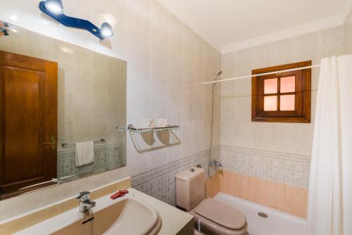 Un baño con lavabo, inodoro y espejo. en Residencial El Conde, en Valle Gran Rey