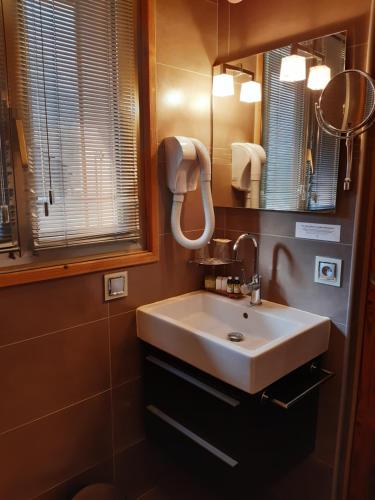 a bathroom with a sink and a mirror at Aiguille du Midi - Hôtel & Restaurant in Chamonix-Mont-Blanc