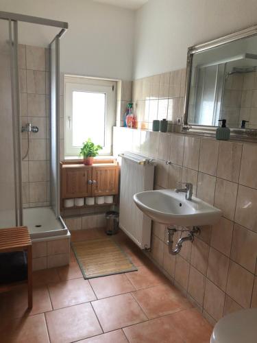 a bathroom with a sink and a mirror and a tub at Helles Apartment in Quedlinburg