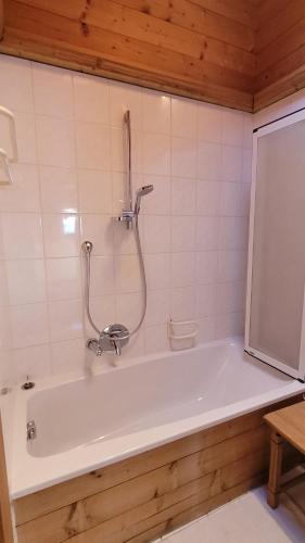a bath tub with a shower in a bathroom at City Apartment Hornblick in Kitzbühel